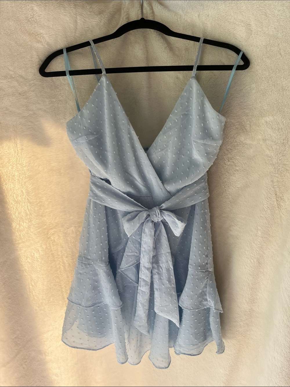 Light Blue Swiss Dot Wrap Mini Dress with Tie Waist